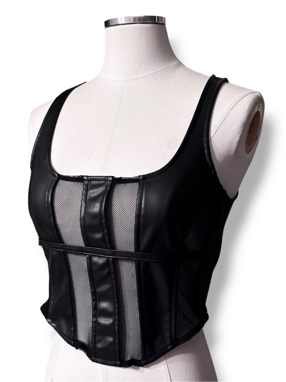 PRETTY LITTLE THING Black Faux Leather & Mesh Panel Bustier Corset Size 4